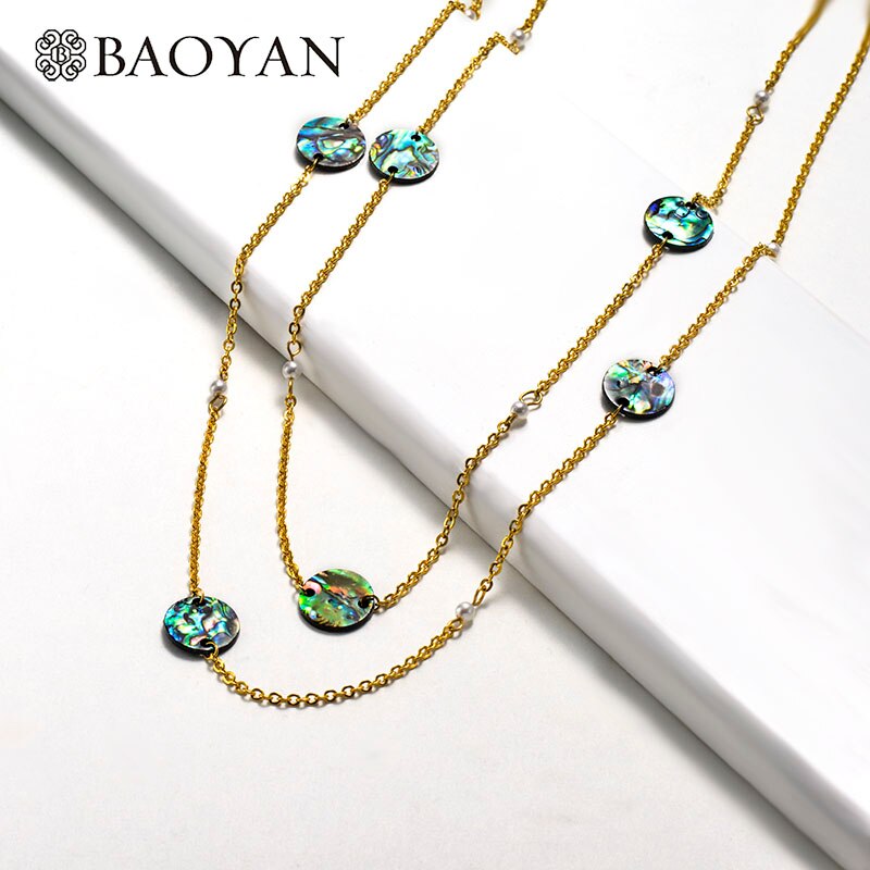 Baoyan Eenvoudige Rvs Ketting Slice Coin Abalone Shell Kettingen Unieke Gold Plating Lange Ketting Kettingen Vrouwen