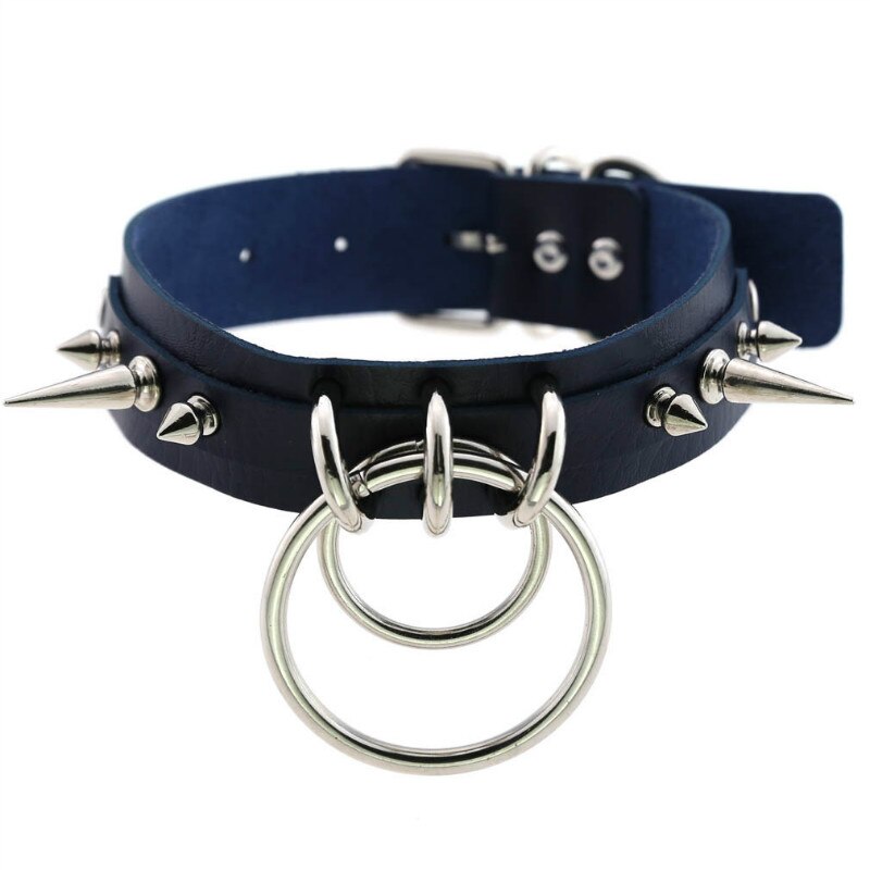 Spiked choker for women men punk rock Collar Goth necklaces Leather Choker Girls o shape Harajuku Gothic Jewelry CR631: Navy blue   O