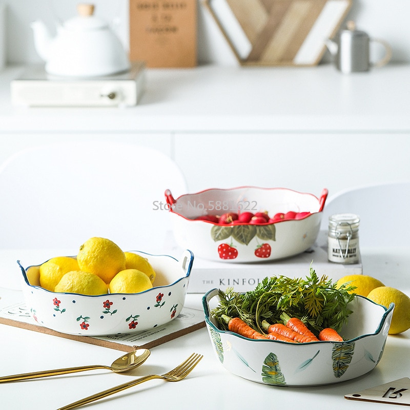 1pc Ceramic Salad Bowl with Double Handle Ramekin Baker Dinner Plate Pasta Tray Dishes Microwave Oven Safe Serving Plate