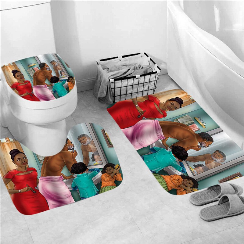 Amerikaanse Happy Familie Print Douchegordijn Polyester Waterdicht Badkamer Gordijnen Zachte Bad Rug Flanel Tapijt Anti-Slip Mat Set: 3PC Mat Set-A