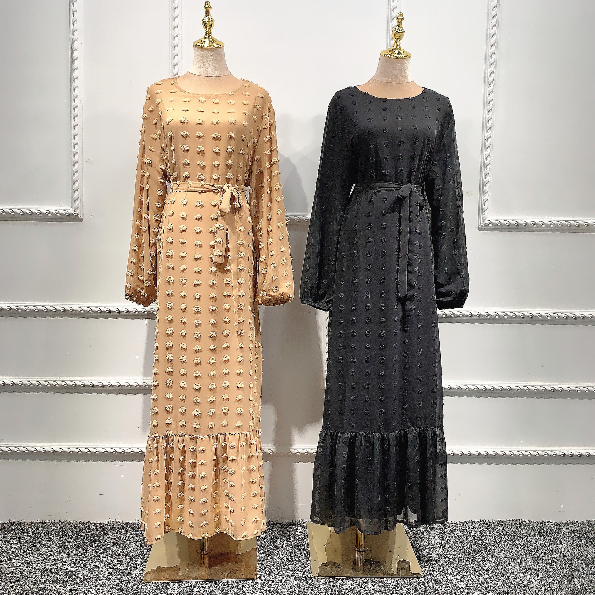 Wepbel – Robe musulmane à manches longues, col rond, Abaya, petite boule de fourrure, musulmane, grande taille, Robe Maxi arabe