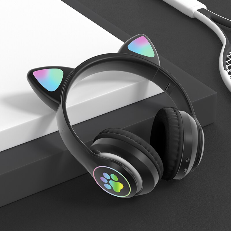 Wireless Headphones for Kids & Adults - RGB Cat Ear Bluetooth 5.0 with Mic, Noise Cancelling, TF Card Support: Black
