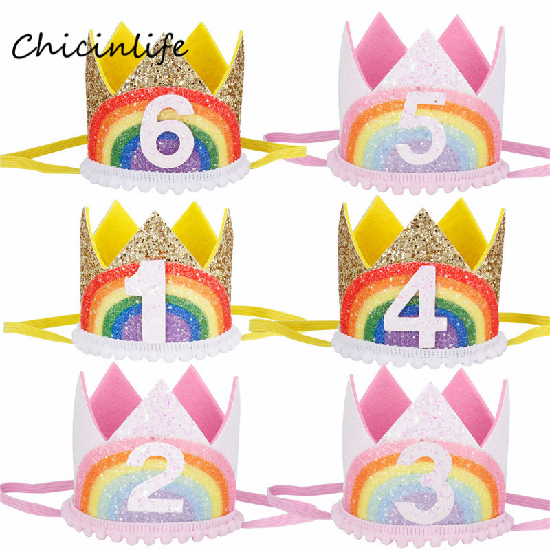 Chicinlife 1-8 år gammel regnbuebursdag kronehatt gutt jente bursdagsfest dekorasjon baby dusj hvitt måke bursdagshatt