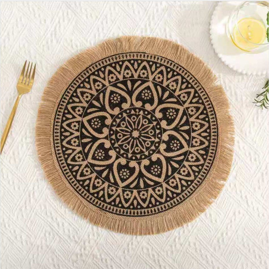 Napperon de Table à manger rond en Jute avec pompon, napperon tissé antidérapant, tapis isolant, dessous de verre pour café, décoration de la maison,: Color-08