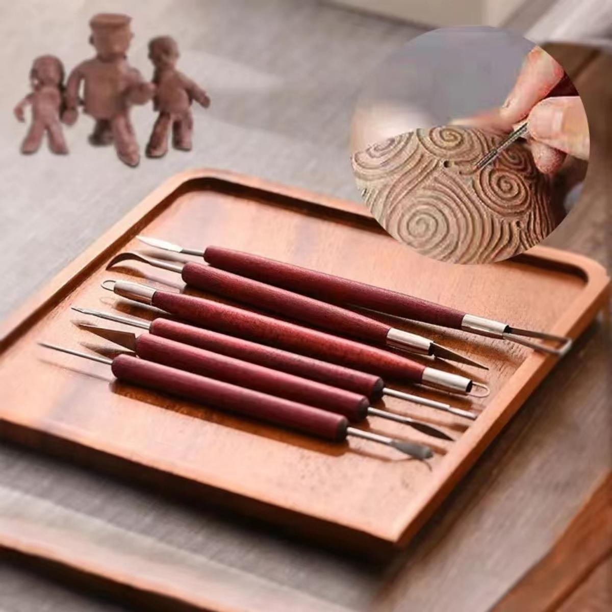 6 unids/set herramientas de alfarería cuchillo de alambre de doble punta de madera roja para reparación de arcilla, juego de herramientas de tallado de escultura de arcilla Kit de herramientas de cerámica