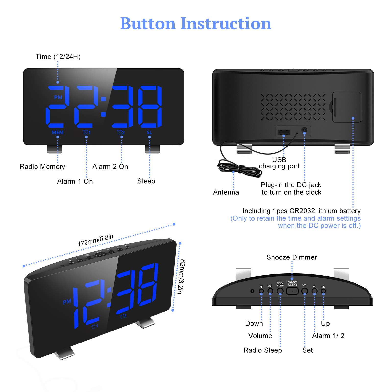 Digital Alarm Clock with FM Radio Dual Alarm 6.7'LED Screen USB Port 4 Brightness 12/24H Automatic Dimmer Snooze Digital Clock