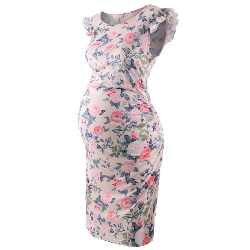 Zwangerschap Moederschap Jurken Flying Mouwen Ruches Side Zomer Zwangere Vrouwen Jurk Voor Baby Shower Party: floral print / L
