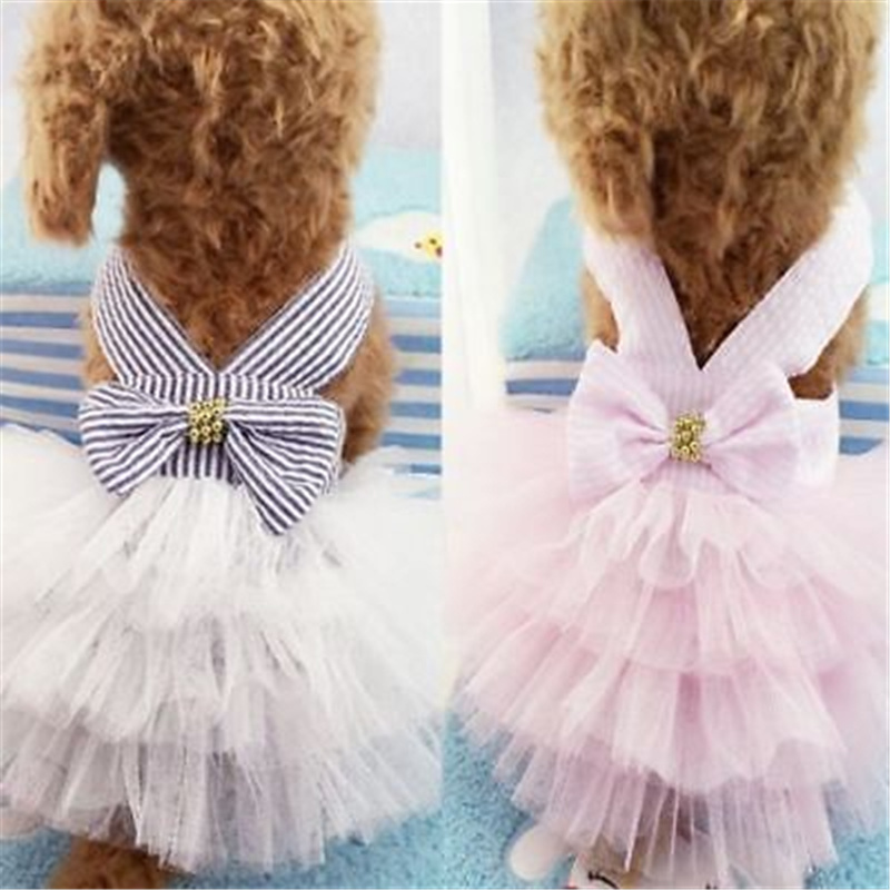 Vestido de tutú para cachorros, ropa de princesa con estampado de rayas de gasa de red y lazo para perros y gatos, novedad
