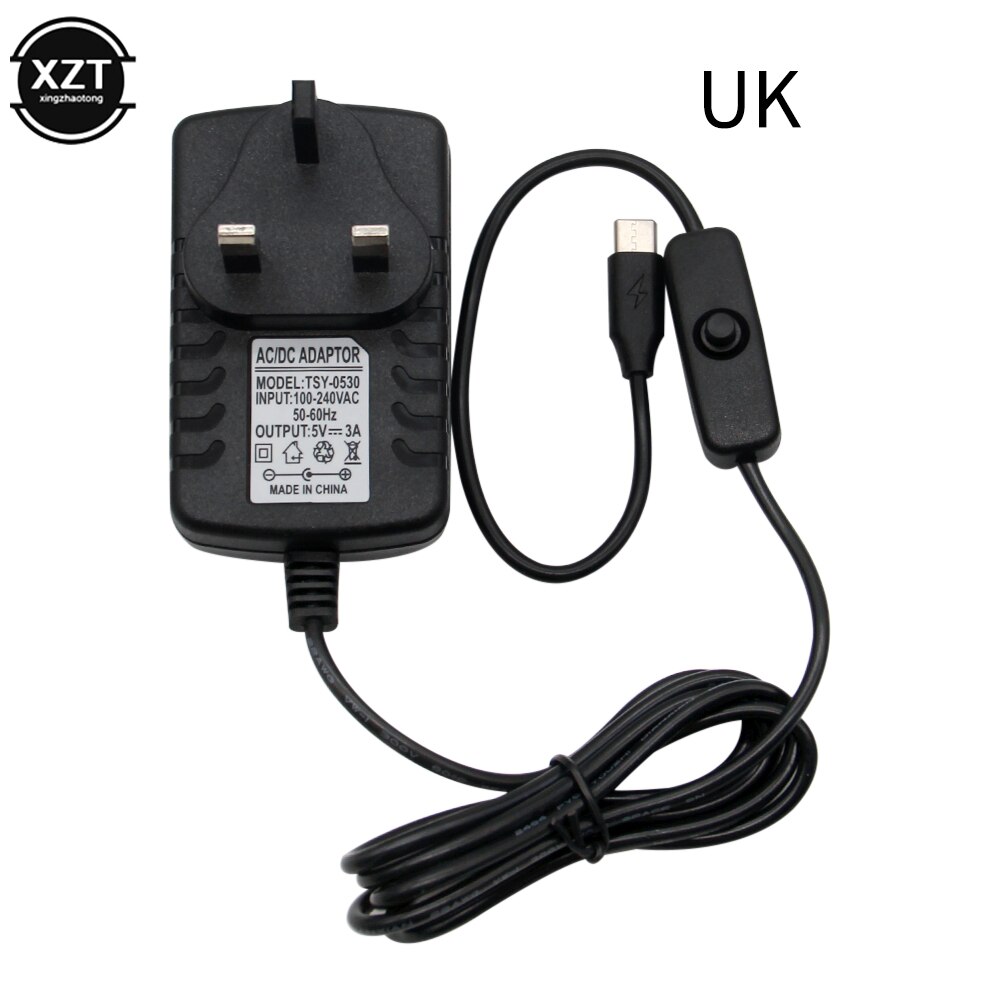 Usb Kabel Voeding Type-C Lader Voor Raspberry Pi 4 Model B Met Aan/Uit Schakelaar 5V 3A Eu Vs Au Uk Charger Adapter