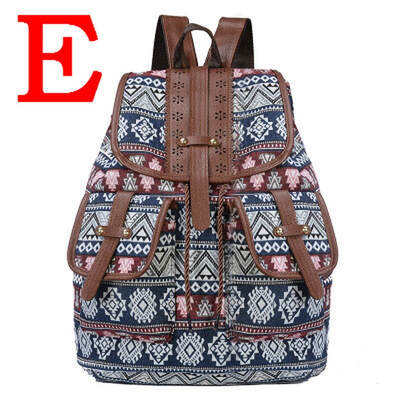 Kvinder lærred vintage rygsæk etniske rygsække trykt rejse rygsæk skoletaske: E