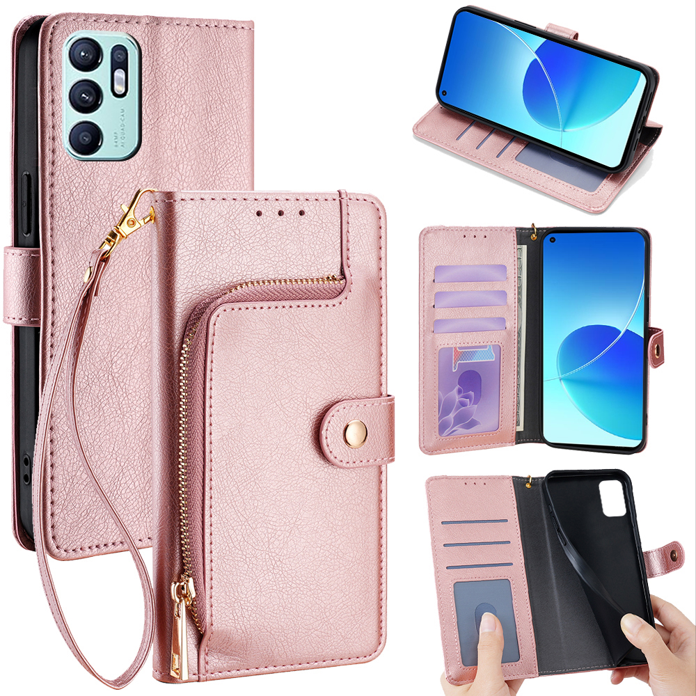 Damen Reißverschluss Brieftasche Abdeckung für OPPO Reno 6 5 Profi Plus Lite 6Z 5Z Z 5F 5K 5 Lite Metallschnalle Leder kippen Fall Gurt