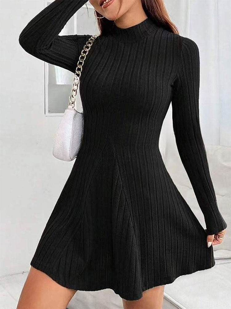 Robe trapèze noire sexy pour femme, col mi-haut, manches longues, mince, décontracté, club, fête, dame, automne,: M
