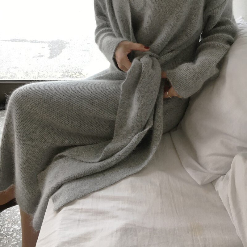 Gordel Kasjmier Trui Sexy V Kneck Vest Gebreide Jurk Herfst Mode Toevallige Effen Kleur Knitwear Elegante Lange Tuniek