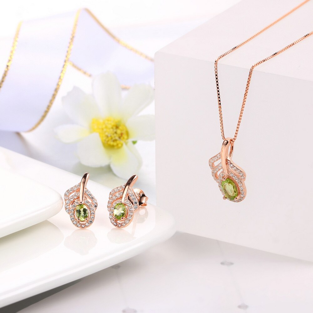 MoBuy Grün Peridot Natürliche Edelstein 2 stücke Schmuck Sets 100% 925 Sterling Silber Für Frauen Engagement Party Feine Schmuck V045EN