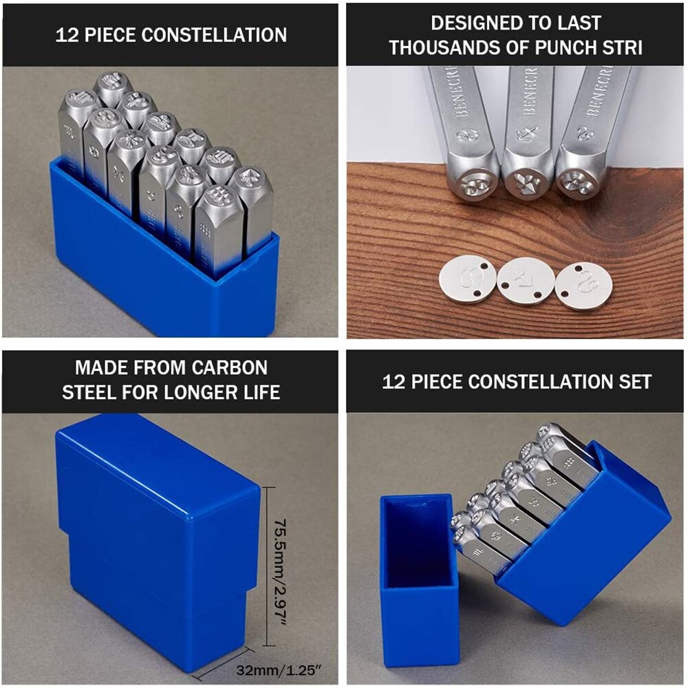 Constellations Theme Matte Diy Metal Stamp Punches 12pcs Set with Tool Case for Jewelry Leather Wood Stamping work Craft
