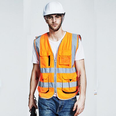 Sfvest herre cargo arbeidsvest multi lommer gylden sikkerhetsvest reflekterende vest arbeidsklær ogo utskrift: Hivis oransje / Xxl-bryst 130cm