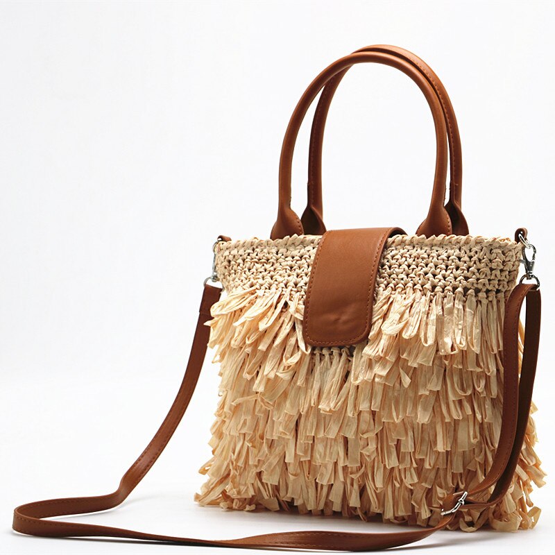 Bolso de mano tejido con borlas, bandolera de paja: beige