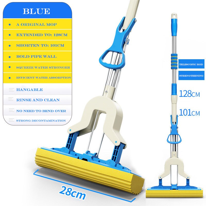 Klemtype sterke automatische absorberende spons dweil roestvrijstalen handvat microvezel pad vloerreinigingsdweil schoonmaakgereedschap voor thuis: Blauw