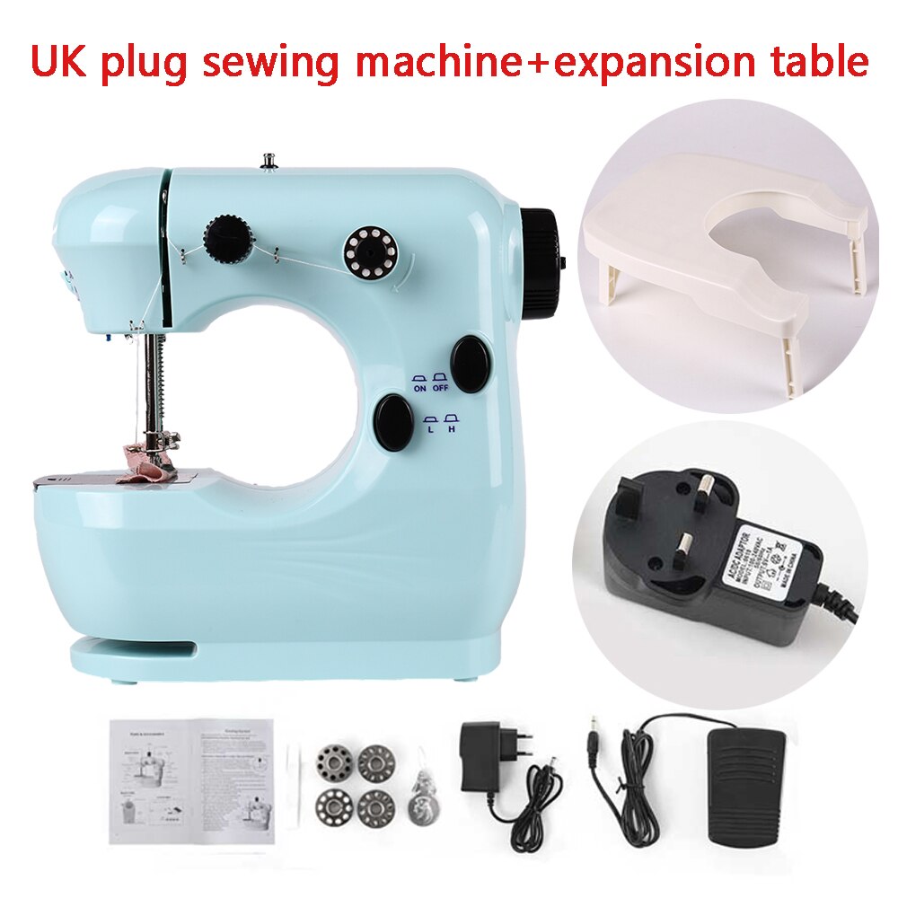Sewing Machine Mini Portable Household Small With Night Light Pedal Electric Set Multifunctional Handicraft Repair Beginner Blue: UK plug with table