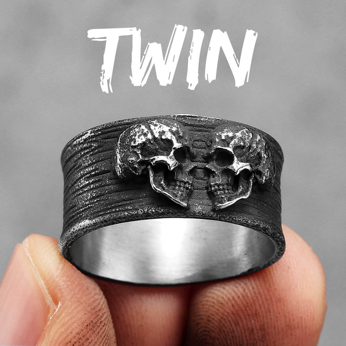 Anillos de pareja de calaveras gemelas para hombre, joyería de acero inoxidable para mujer, Punk, gótico, Rock, Vintage, negro, accesorios de , al por mayor: 13