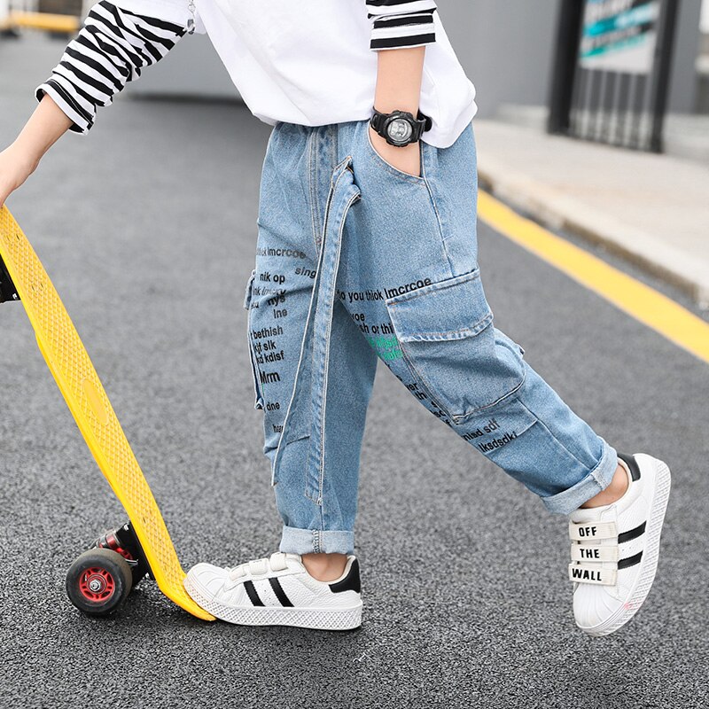 Pojke jeans barn barn cargo jeansbyxor småbarn resår midja höst höst trend ledig 3 to 13 år