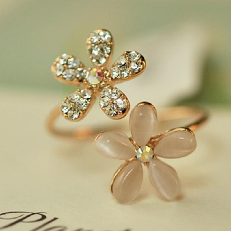 Vrouwen Opaal Dubbele Daisy Bloem Open Ring Rhinestone Verstelbare Sieraden Antieke Vinger Ring