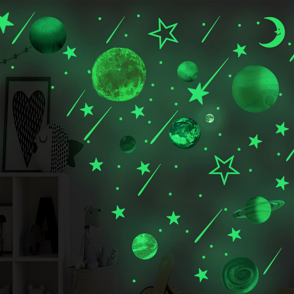3D Sterren En Maan Planeten Glow In Het Donker Op De Muur Stickers Op De Plafond Gloeiende Kinderkamer Living kamer Sticker Decoratie