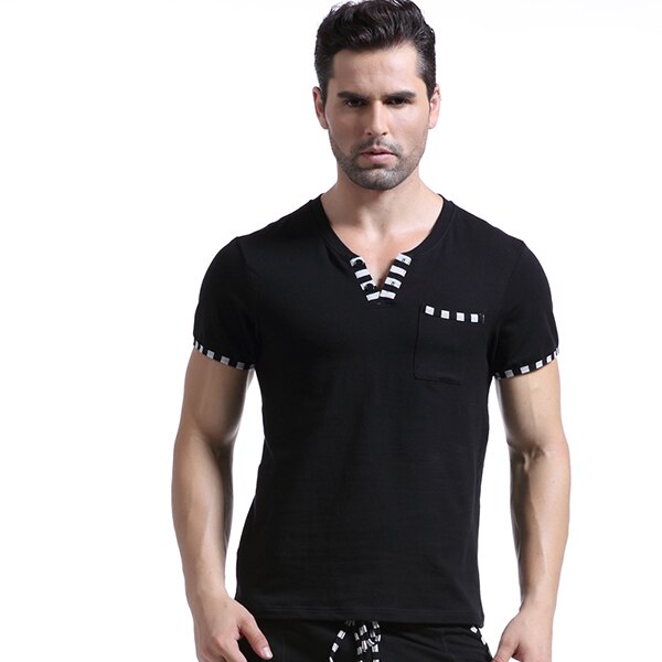 WJ Brand Man Home Leisure Clothes Mens Sexy Cotton Skinny Night Shirts Short Sleeves Sleeping Tops: black / M