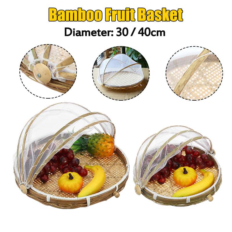 Outdoor Picnic Handmade Bamboo Woven Bug Proof Wicker Basket Dustproof Fruit Tray Food Bread Dishes Cover Gauze Panier Osier