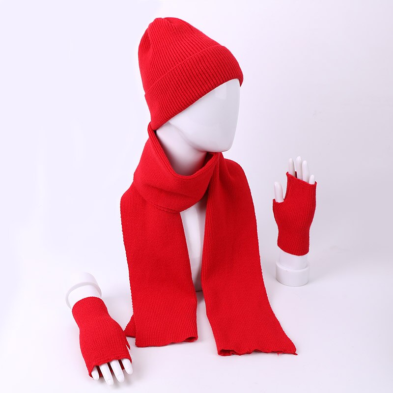 Kvinner vinter kanin hairr hansker skjerf lue tredelt sett kvinnelig strikk utendørs varm hatt caps skullies beanies sett: F