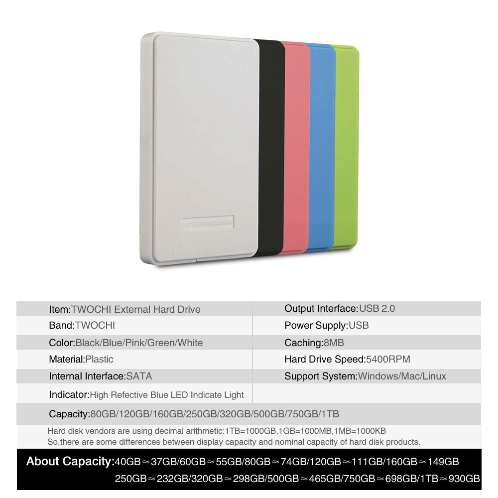 Styles TWOCHI A1 5 Color Original 2.5'' USB3.0 External Hard Drive 80GB Portable HDD Storage Disk Plug and Play On