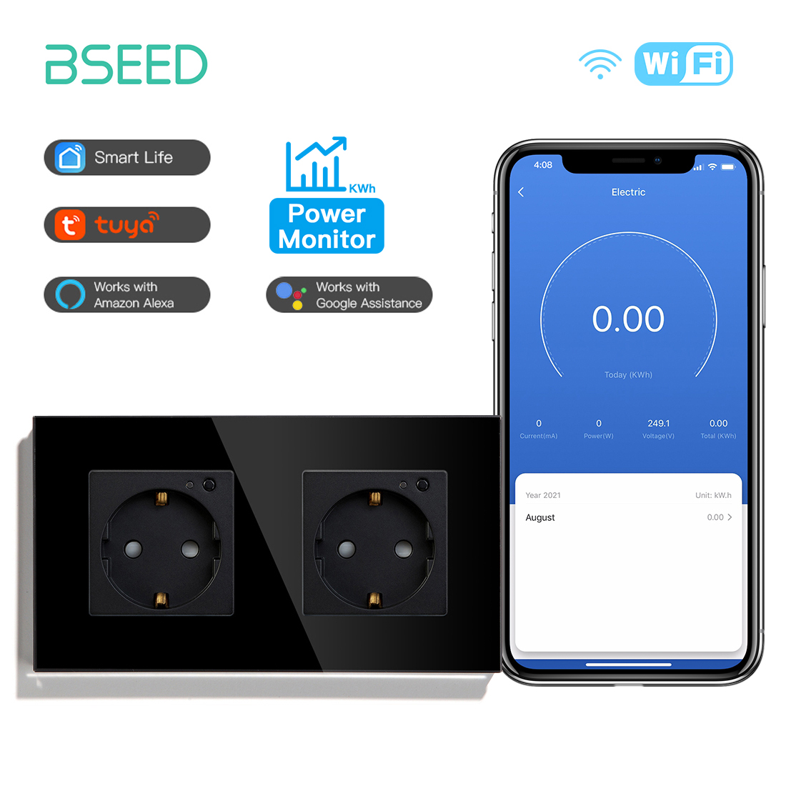 BSEED EU Wall Socket Tuya Smart Socket Wifi Electrical Outlets Power Monitor Google Smart Life Alexa Voice Control Glass Panel: Type 18