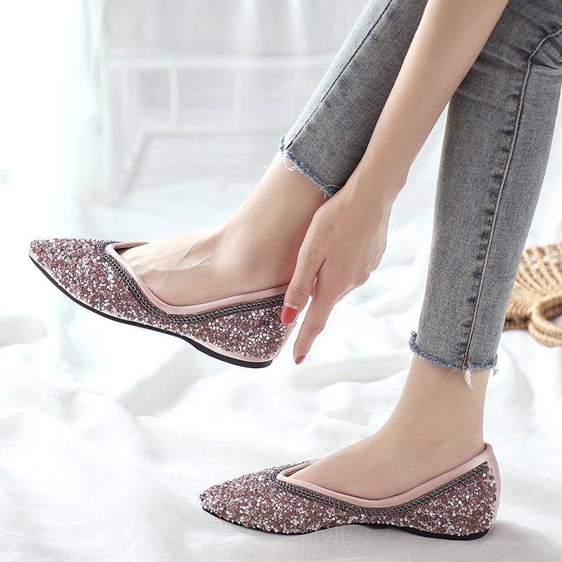 Rhinestone Bling Shoes Women Flats Pointed toe Ladies Casual Shoes Slip on Comfortable Woman Boat Shoes Big Size A1655