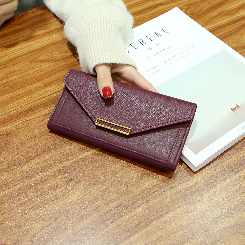 Wallet style for women Korean long style, fresh multi-function buckle, Japanese and Korean retro thin coin wallet: Burgundy