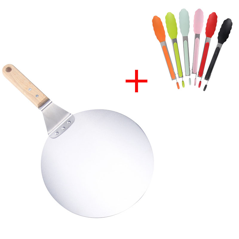 Pizza Tool Set Pizza 10/12 inch Schop Gebak Gereedschap Roestvrij Staal Houten Handvat Schil Ronde Anti-brandwonden Pan Bakvormen Maker: Light Grey