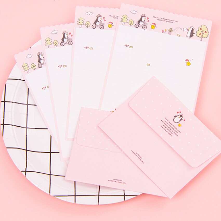 30 Set/partij 92*135Mm Mini Papier Schrijven Brief Uitnodiging Bericht Brief Papier Briefpapier Met Envelop: pink penguin