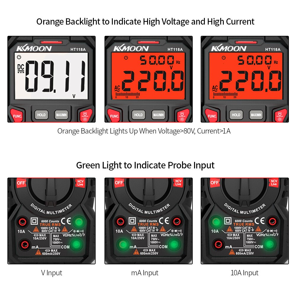 KKmoon HT118A Digital Multimeter Auto Range Multi-meter 6000 Counts True RMS Measuring AC/DC NCV Test Diode Digital Multimeter