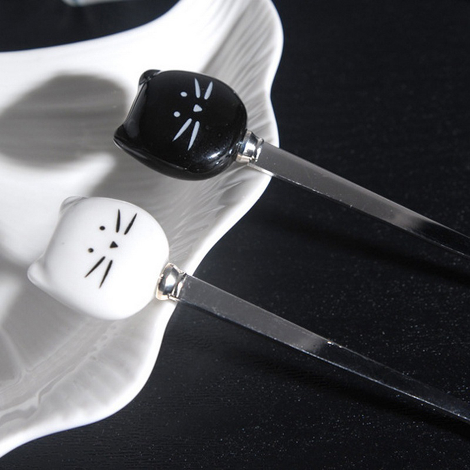 Gato de dibujos animados de acero inoxidable cuchara agitadora larga Tenedor de fruta café cuchara de acero inoxidable con mango de gato lindo de cerámica