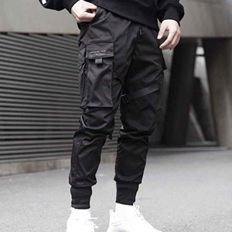 ¡Novedad del ! Pantalones Cargo de bolsillo negro con bloques de Color con cintas para hombre, pantalones de chándal Harajuku, pantalones de Hip Hop