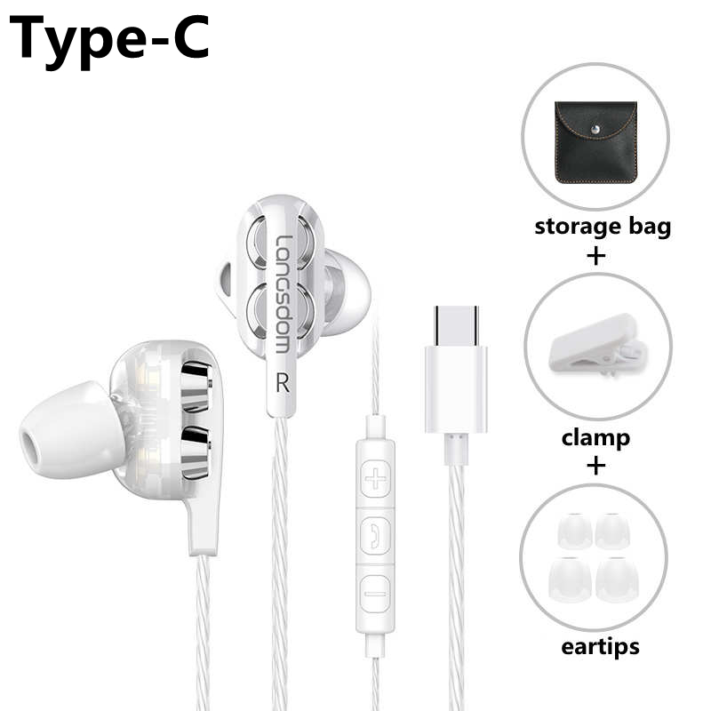 Langsdom D4C Wired Earphone Headphones with Microphone Dual Driver Phone Earphones Type C Ear Phones auriculares fone de ouvido: Type-C White