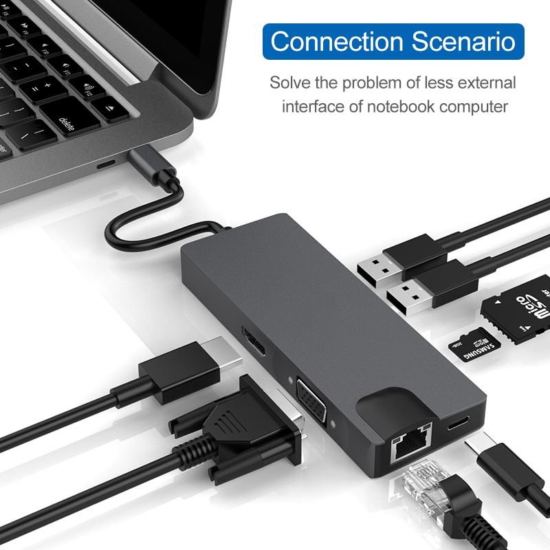 Docking station 8 in 1 USB C Hub Docking Station For Laptop PC Multi-port Adapter usb hub ноутбук планшет флешка Планшеты