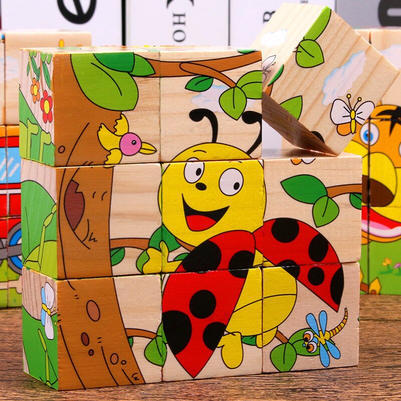 Baby Houten Blok Speelgoed Kinderen Zes Side 3D Cube Jigsaw Games Animal Fruit Verkeer Cognize Vroeg Leren Educatief Speelgoed