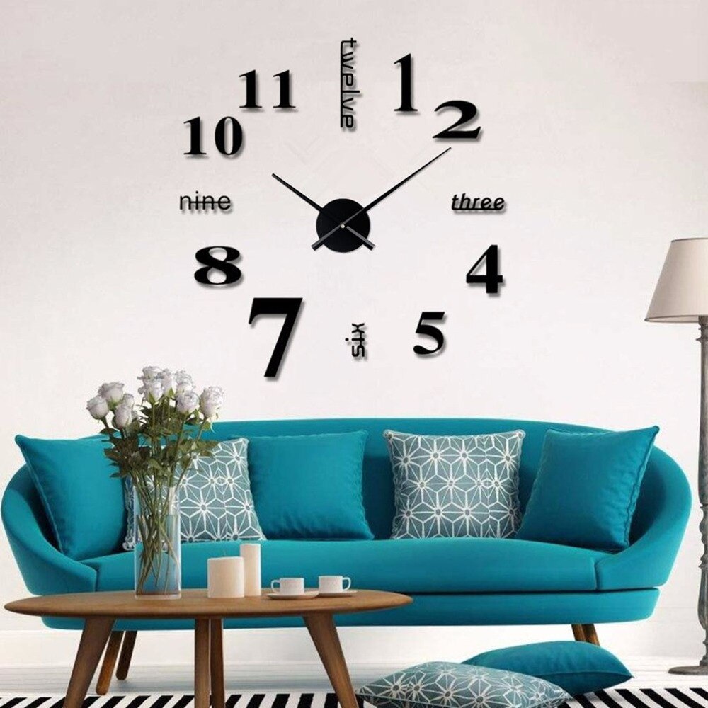 Modern 3D Frameless Large Wall Clock Watches Hours DIY Room Home Decoration (Black) (Battery): Black