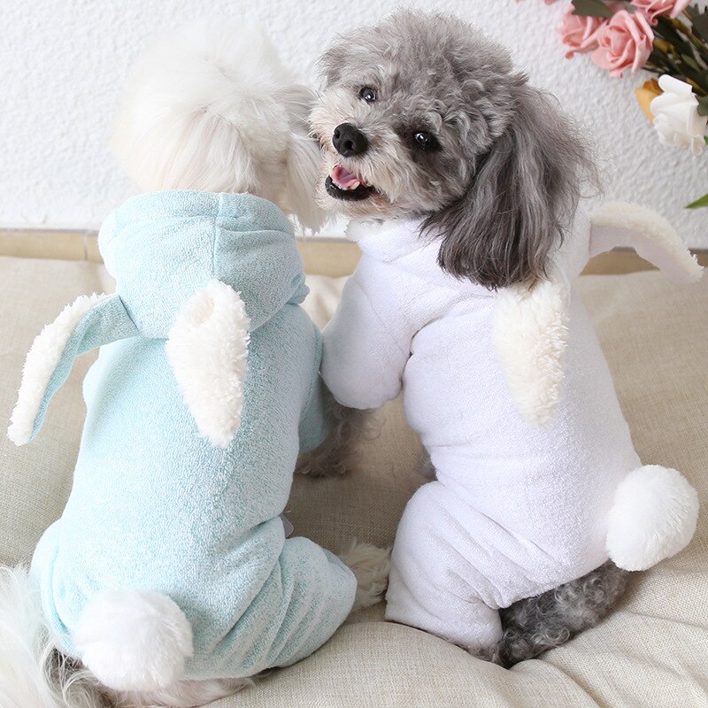 Nyeste hvide og blå farver hundetøj med kaninører varme firbenede tøj til kæledyr efterår og vinter jumpsuit til kæledyr