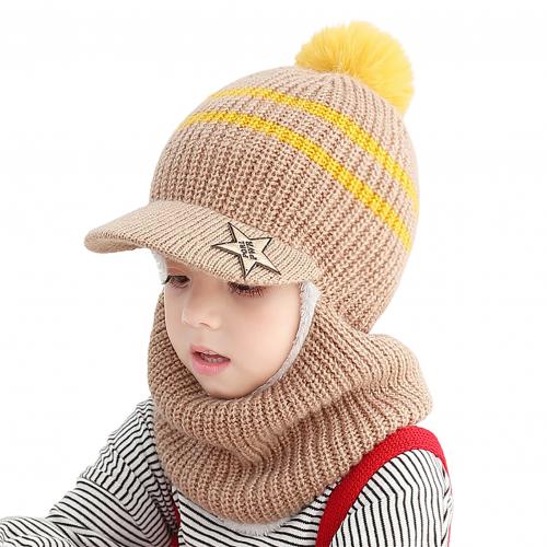 Unisex print børn vinter hatte plys vindtæt varme børn drenge piger pompon hat randen tørklæde hoved cap skullies beanies: Kaffe