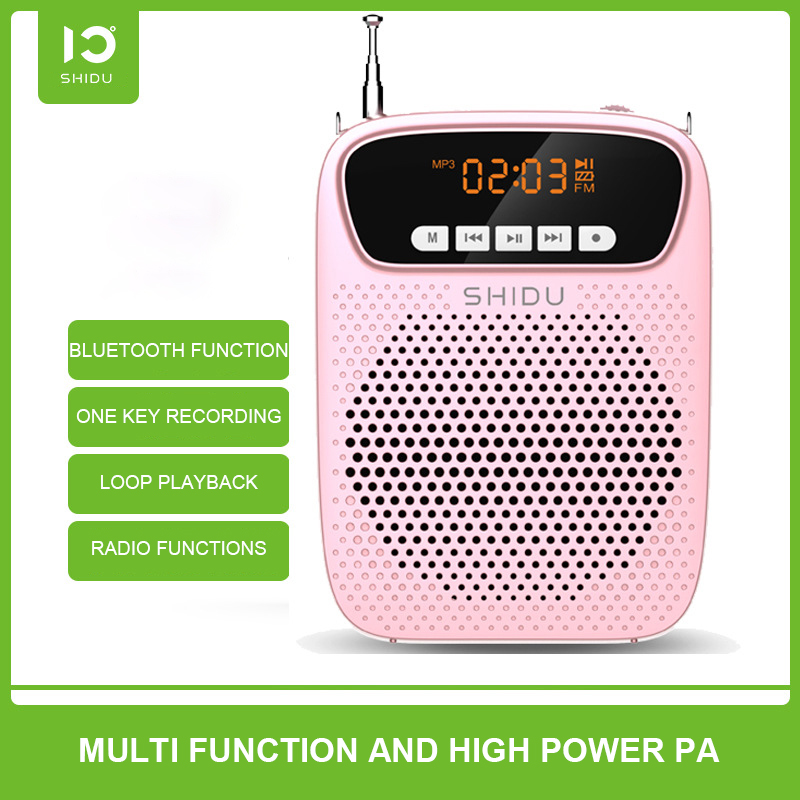 Portable Bluetooth Voice Amplifier Mini FM Radio 15W Megaphone with Mic Belt LED Screen Support AUX U Disk USB TF Card: rose Pink