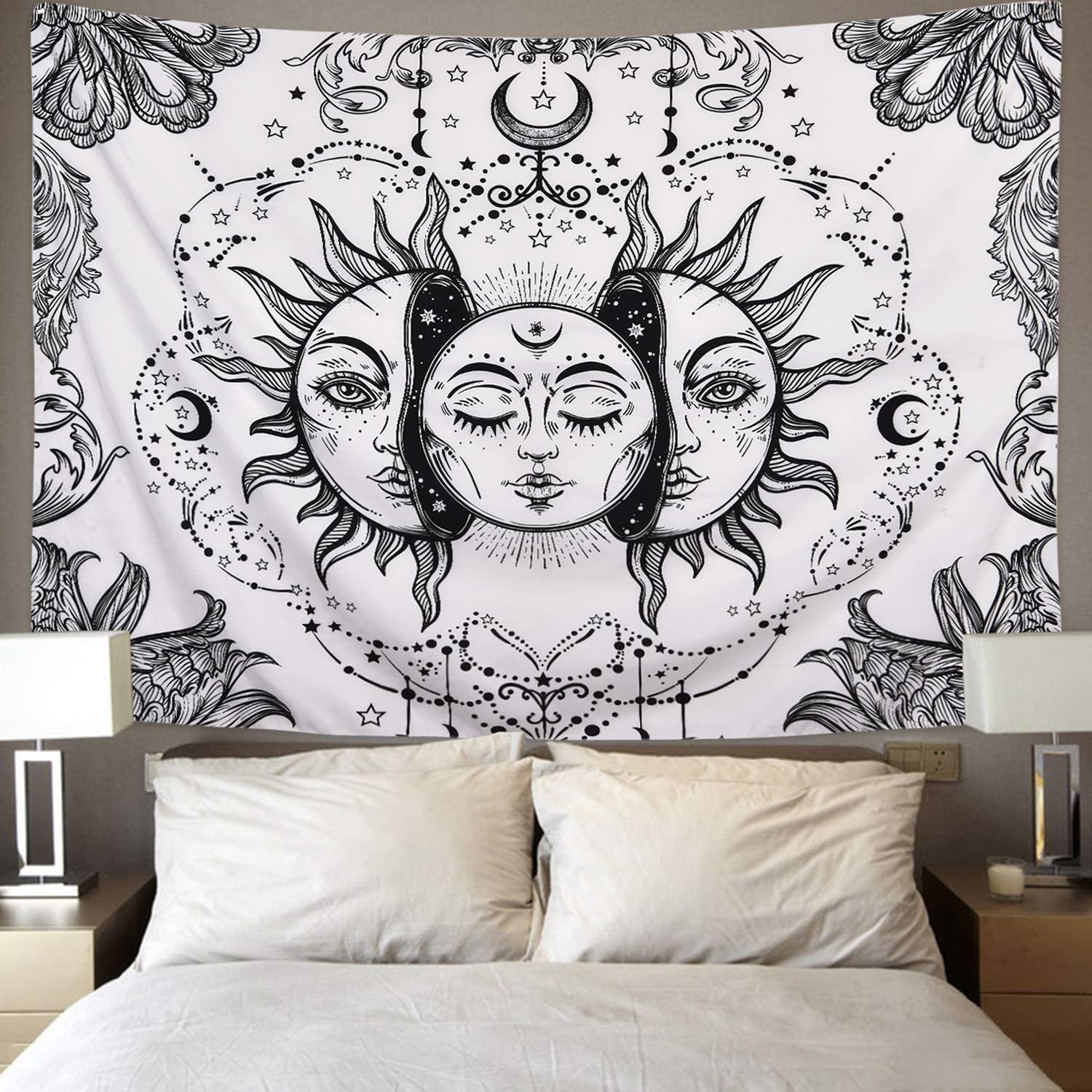 LUCKYYJ Sun and Moon Tapestry Black and White Tapestry Psychedelic Fractal Faces Tapestry Wall Hanging for Home Decoration