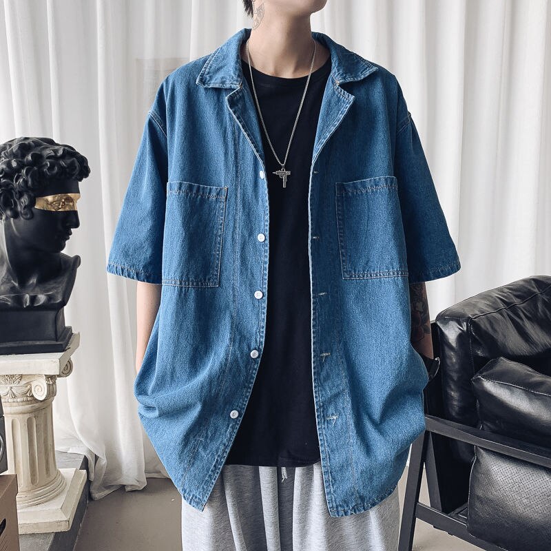 Zomers spijkerhemd met korte mouwen heren gewassen retro katoenen overhemd heren streetwear losse tooling spijkerhemden heren m -2xl: Blauw / M