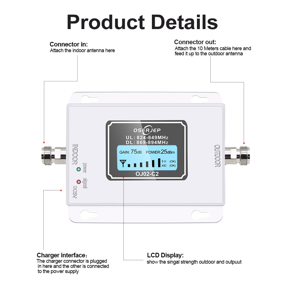850 Mhz Repeater 70dB Repetidor CDMA 850Mhz 2G 3G Cellular Cell Phone LTE Band5 Booster , GSM Signal Amplifier + Indoor Antenna