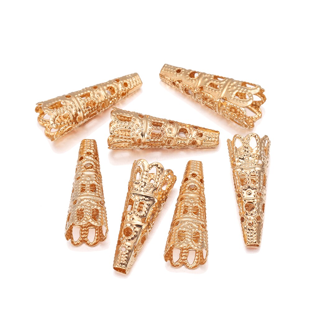 50pcs/lot 8x23mm Flower Torus Shape Alloy Beads Caps Charms Hollow Out Bugle Cone Filigree Bead End Caps For DIY Jewelry Making: KC Gold